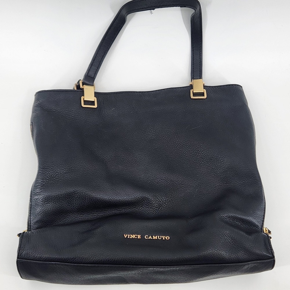Vince Camuto Genuine Leather Expandable Tote Bag Black‎ Gold Hardware Shoulder